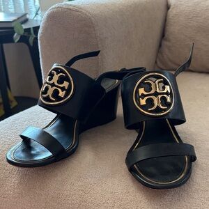 Tory Burch Black and Gold Wedge Sandals